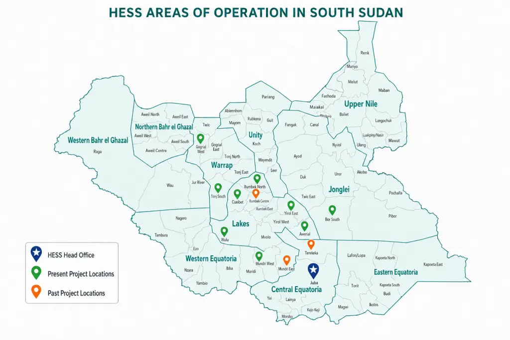 Map of HESS programme locations and past project footprints in South Sudan